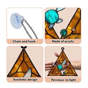 May include: A stained glass window panel with a geometric design, featuring shades of amber and teal. The panel is made of acrylic and includes a chain and hook for hanging. The design is aesthetic and pervious to light.