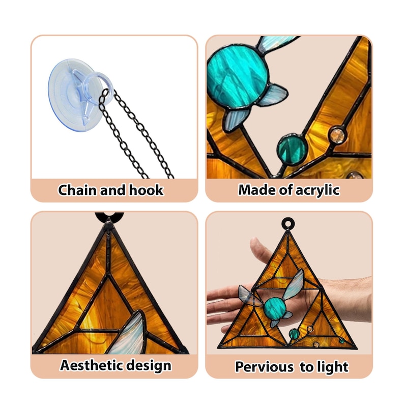 May include: A stained glass window panel with a geometric design, featuring shades of amber and teal. The panel is made of acrylic and includes a chain and hook for hanging. The design is aesthetic and pervious to light.