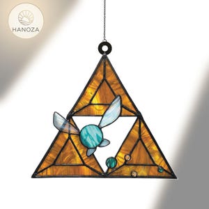 LoZ Fairy Triforce Suncatcher Navi Fairy Window Hanging, Stained Glass Style Acrylic Decor, Hyrule Gaming Gift, Gamer Room Decor Art image 1