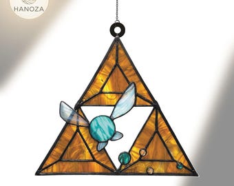 LoZ Fairy Triforce Suncatcher Navi Fairy raam hangend, gebrandschilderd glas stijl acryl decor, Hyrule gaming cadeau, gamer kamer decor kunst