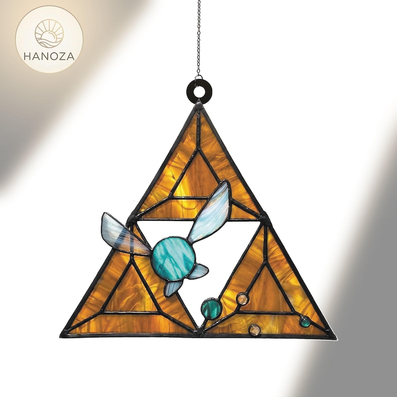 LoZ Fairy Triforce Suncatcher Navi Fairy Window Hanging, Stained Glass Style Acrylic Decor, Hyrule Gaming Gift, Gamer Room Decor Art image 1