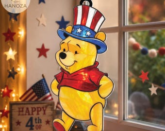 Patriotic Winnie the Pooh Suncatcher, USA 250th Anniversary Window Hanging, 4th of July Uncle Sam Hat Acrylic Decor, America 1776 2026 Art