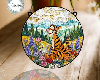Disney Tigger Stained Glass Suncatcher, Spring Garden Gift for Mom, Grandma, Winnie The Pooh Window Decor, Wildflower Ornament