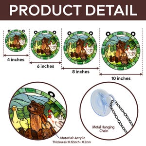 May include: Round acrylic bear and animal design, available in 4, 6, 8, and 10-inch sizes. The design features a bear, ducks, chickens, and owls. Includes a metal hanging chain and a suction cup for display. The text "PRODUCT DETAIL" is at the top.