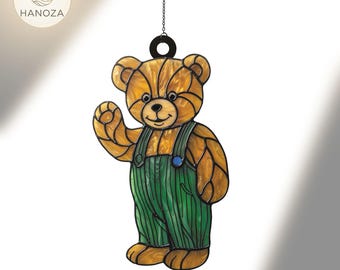 Corduroy Bear Suncatcher Acrylic Window Hanging, Stained Glass Style Teddy Bear in Green Overalls, Storybook Nursery Decor, Kids Room Gift