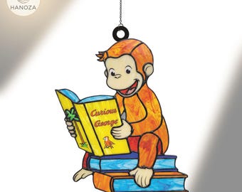 Curious George Suncatcher, Monkey with Balloons Window Hanging, Faux Stained Glass Acrylic, Nursery Room Decor, Kids Storybook Gift