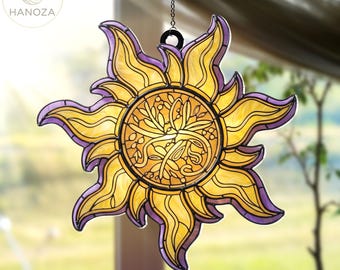 Tangled Corona Sun Suncatcher, Rapunzel Sundrop Flower Acrylic Window Hanging, Stained Glass Style Disney Decor, Nursery Room Wall Art