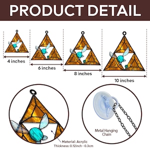 May include: Stained glass-style triangle ornaments in various sizes, featuring a teal and white design. The ornaments range from 4 to 10 inches in width and are made of acrylic. Includes a metal hanging chain and suction cup.