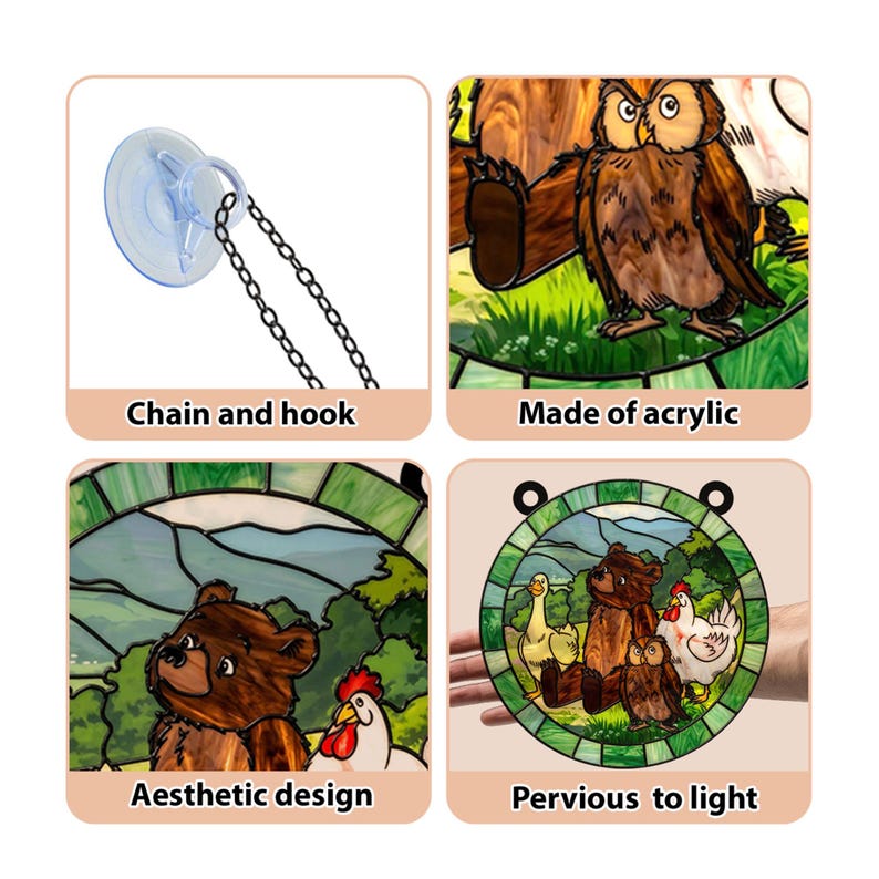 May include: A decorative acrylic window hanging featuring a bear, owl, and chicken design. The image includes a suction cup and chain for hanging. The text in the image says "Chain and hook", "Made of acrylic", "Aesthetic design", and "Pervious to light".