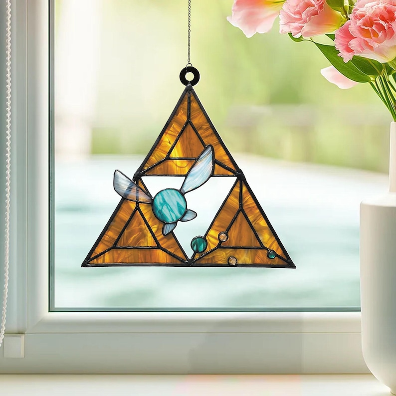 LoZ Fairy Triforce Suncatcher Navi Fairy Window Hanging, Stained Glass Style Acrylic Decor, Hyrule Gaming Gift, Gamer Room Decor Art image 3
