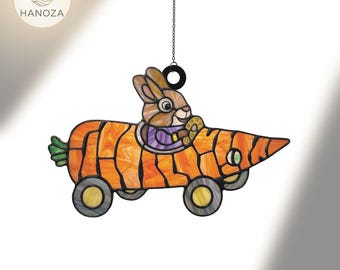 Busy Cars & Trucks Carrot Car Suncatcher, Busytown Rabbit Acrylic Window Hanging, Faux Stained Glass Art, Teacher Librarian Gift