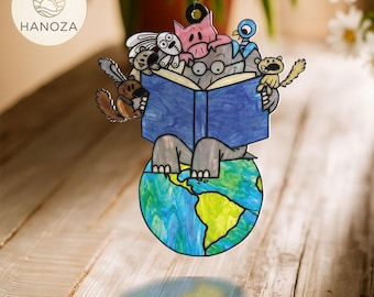 Elephant and Piggie Suncatcher, Mo Willems Book Character Ornament, Faux Stained Glass Acrylic, Teacher Librarian Gift, Reading Corner Decor