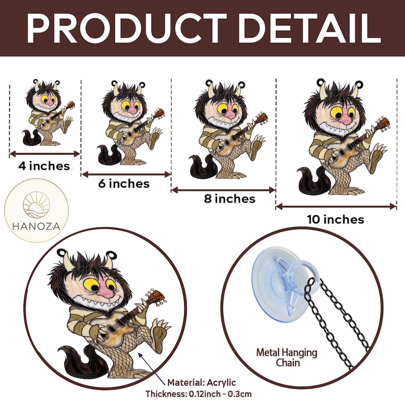 Op de afbeelding: Acryl wanddecoratie met een stripfiguur die gitaar speelt, verkrijgbaar in 10 cm, 15 cm, 20 cm en 25 cm. Het figuur heeft een gestreept shirt en een zwarte staart. Inclusief metalen ophangketting en zuignap.