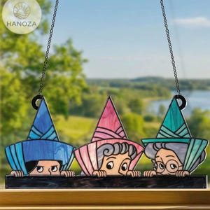 Peekaboo Three Fairies Suncatcher, Flora Fauna Merryweather Peeking Window Hanging, Faux Stained Glass Acrylic Art, Disney Sleeping Beauty