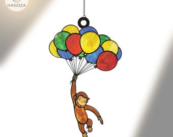 Curious George Suncatcher, Monkey with Balloons Window Hanging, Faux Stained Glass Acrylic, Nursery Room Decor, Kids Storybook Gift