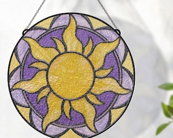Tangled Sun Glass Suncatcher, Rapunzel Sun Window Hanging, Stained Glass Style Disney Decor, Nursery Wall Art, Floating Lanterns Gift Art