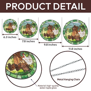 May include: Round stained glass art featuring a bear and chickens, available in four sizes: 6.3, 7.8, 9.8, and 11.8 inches. Includes a metal hanging chain. Made of high-quality water ripple glass. The text "PRODUCT DETAIL" is at the top.