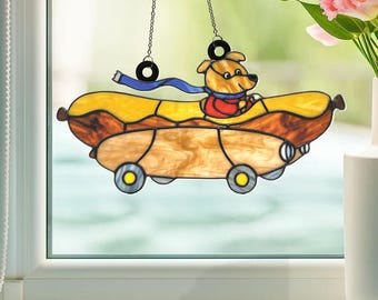 Busy Cars & Trucks Hot Dog Car Suncatcher, Busytown Dog Acrylic Window Hanging, Faux Stained Glass Art, Teacher Librarian Gift