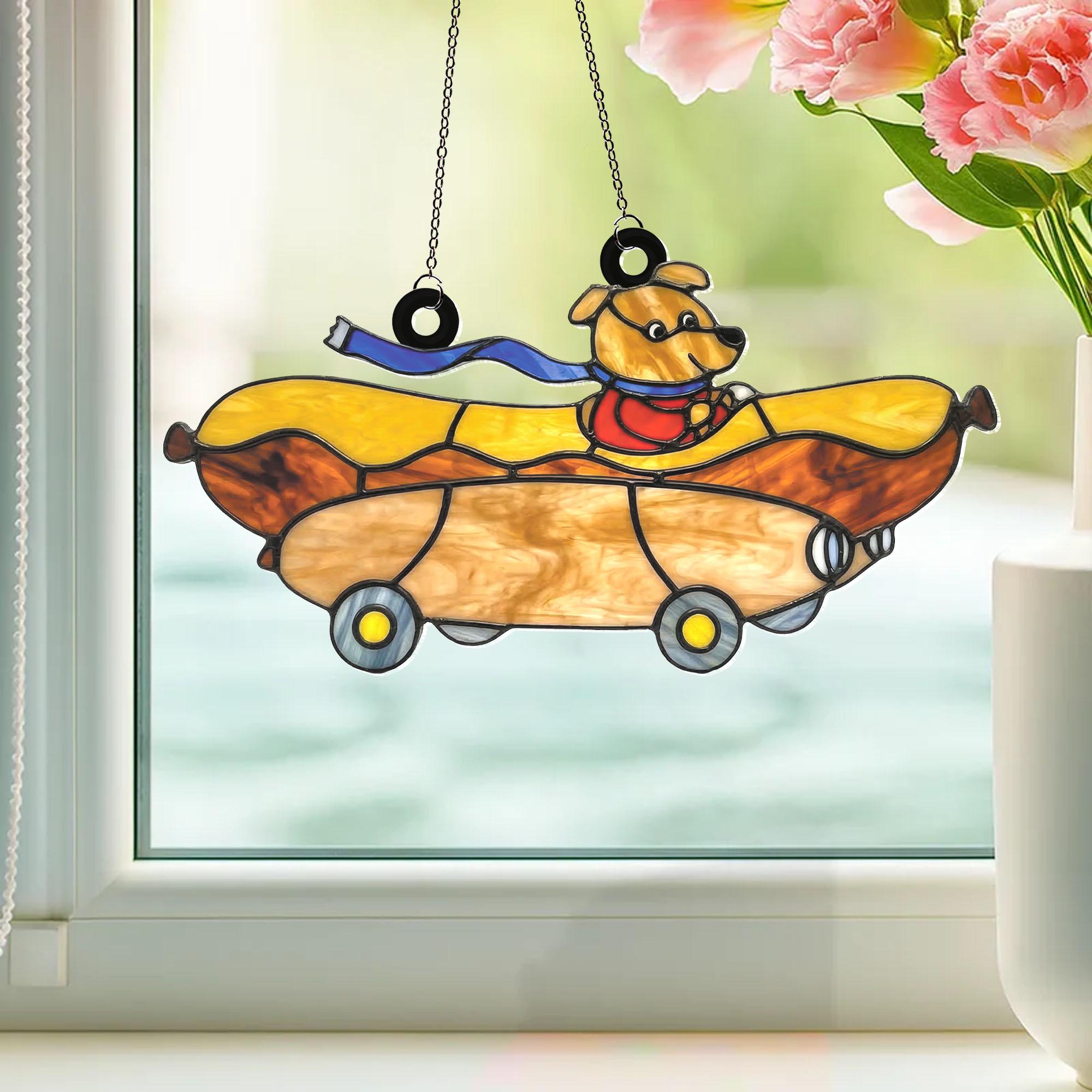 Busy Cars & Trucks Hot Dog Car Suncatcher, Busytown Dog Acrylic Window Hanging, Faux Stained Glass Art, Teacher Librarian Gift