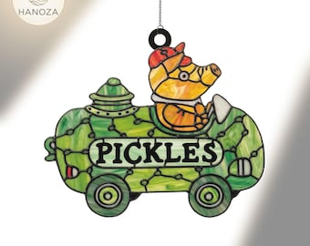 Busy Cars & Trucks Pickle Car Suncatcher, Busytown Dog Acrylic Window Hanging, Faux Stained Glass Art, Teacher Librarian Gift
