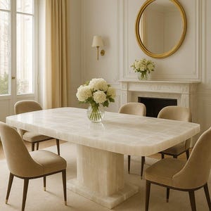 Peut inclure: Salle à manger avec une table en marbre rectangulaire et six chaises rembourrées. Un miroir rond doré est suspendu au-dessus d'une cheminée. La pièce est décorée dans des tons neutres avec une grande fenêtre et des rideaux crème. La table mesure environ 200 cm de long.