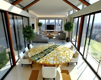 May include: A modern dining room with a large, round table featuring a unique, patterned surface in shades of yellow and blue. White chairs surround the table. The room has large windows, allowing natural light and city views. The ceiling has wooden beams.