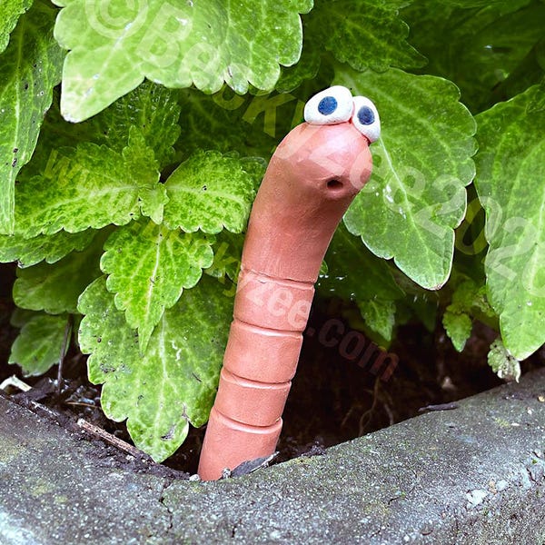 May include: A pink, cylindrical clay worm figurine with a smooth, segmented body and two large, white, googly-style eyes with blue pupils. The worm is positioned upright, emerging from the soil among vibrant green, serrated-edged leaves.