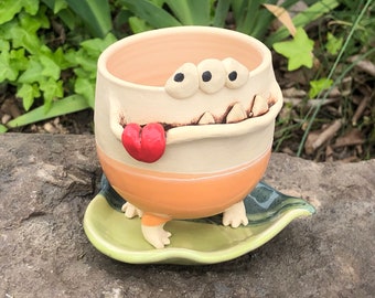 PANTSY tangerine orange PotBellied PotHead succulent planter set with cute monster face and leaf shaped drip catcher