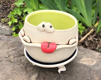 LARGE GOOFY lime green and cobalt blue PotBellied Pothead succulent planter set with cute monster face