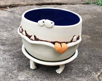 2X-LARGE GOOFY cobalt blue and teal green PotBellied PotHead succulent planter set with cute monster face