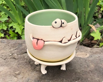 LARGE GOOFY Sage green and lemon yellow PotBellied PotHead succulent planter set with cute monster face