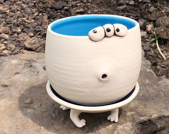 LARGE OOPSIE turquoise blue and cobalt blue PotBellied PotHead succulent planter set with cute monster face