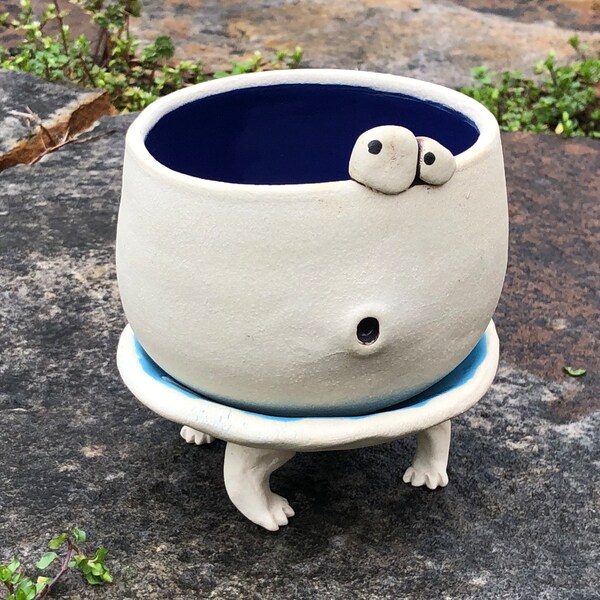 LARGE OOPSIE cobalt blue and turquoise blue PotBellied PotHead succulent planter set with cute monster face