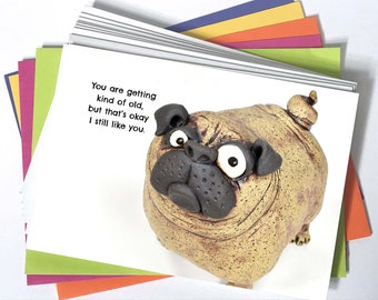 Happy Birthday card with Edith the Pug 4.25" x 6" with colorful A6 sized envelope