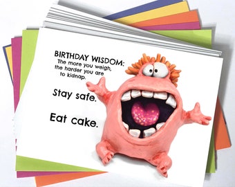 Happy Birthday card with optimistic monster 4.25" x 6" with colorful A6 sized envelope