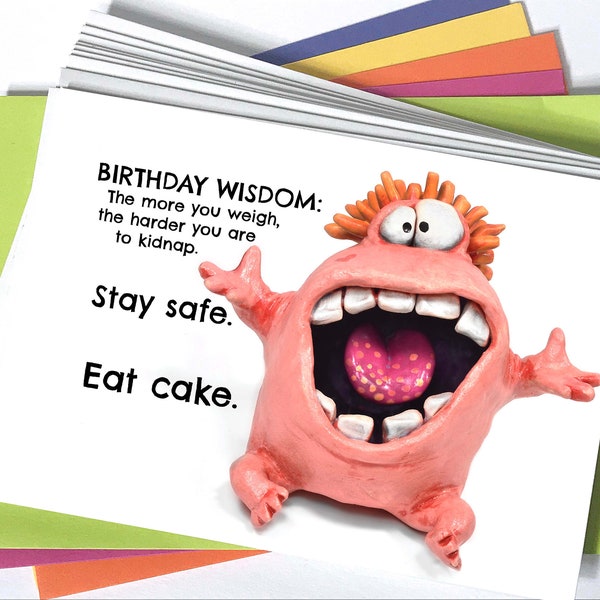 Happy Birthday card with optimistic monster 4.25" x 6" with colorful A6 sized envelope