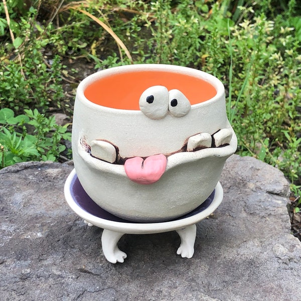 GOOFY tangerine orange and lavender purple PotBellied PotHead succulent planter set with cute monster face