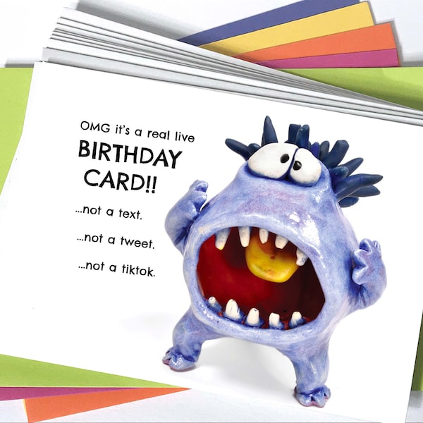 Happy Birthday card with amazed monster 4.25" x 6" with colorful A6 sized envelope