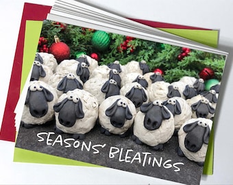 Seasons' Bleatings silly holiday card with festive sheepies