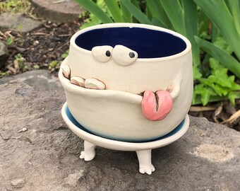 LARGE GOOFY cobalt blue and turquoise blue PotBellied PotHead succulent planter set with cute monster face