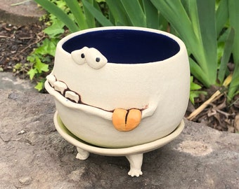 X-LARGE GOOFY cobalt blue and lime green PotBellied PotHead succulent planter set with cute monster face