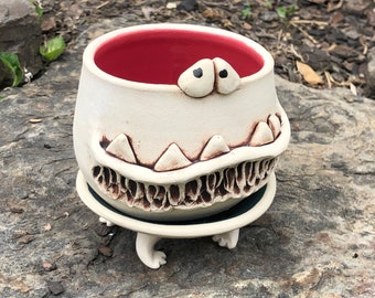 BEARDO wine red and teal green PotBellied PotHead succulent planter set with cute monster face