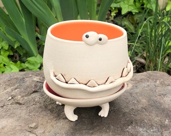 LARGE TOOTHY tangerine orange and wine red PotBellied PotHead succulent planter set with cute monster face