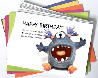 Happy Birthday card with silly monster 4.25" x 6" with colorful A6 sized envelope