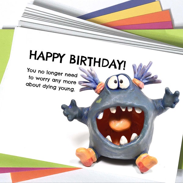 Happy Birthday card with silly monster 4.25" x 6" with colorful A6 sized envelope