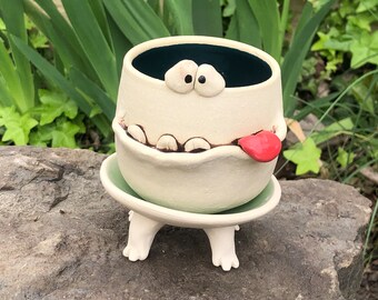 GOOFY teal green and sage green PotBellied PotHead succulent planter set with cute monster face