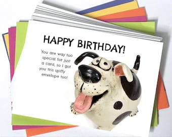 Happy Birthday card with funny doggo 4.25" x 6" with colorful A6 sized envelope