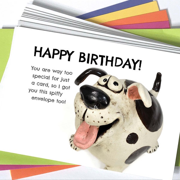 Happy Birthday card with funny doggo 4.25" x 6" with colorful A6 sized envelope
