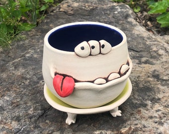 GOOFY cobalt blue and lime green PotBellied PotHead succulent planter set with cute monster face