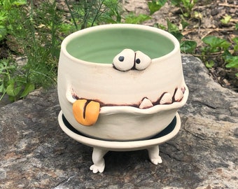 LARGE GOOFY Sage green and teal green PotBellied PotHead succulent planter set with cute monster face